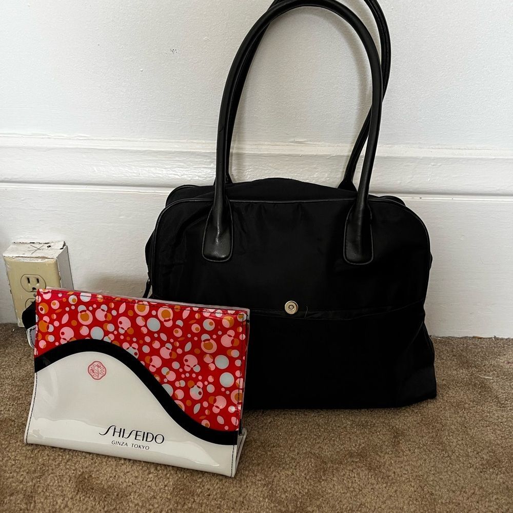 Shiseido black tote bag w/Ginza Tokyo Floral Red cosmetic bag clutch Harajuku